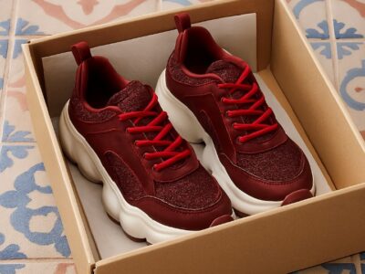 Baskets bordeaux dans leur boîte