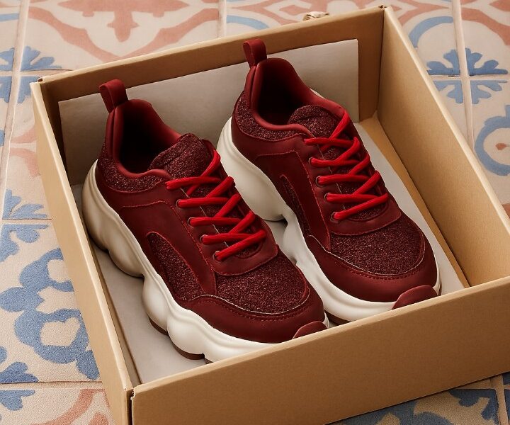 Baskets bordeaux dans leur boîte